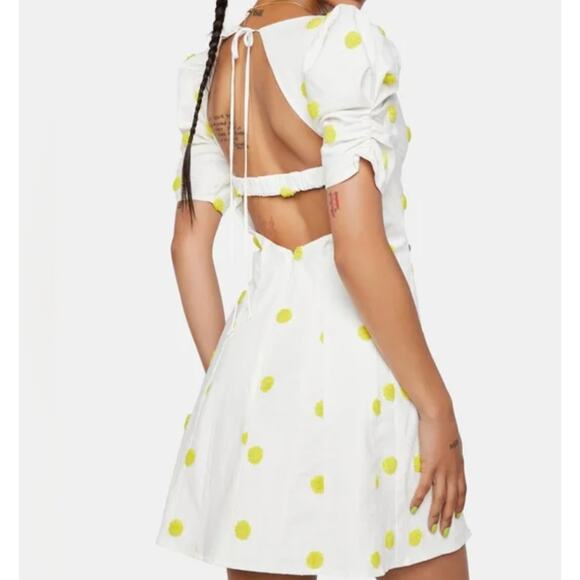 For Love & Lemons Puff Sleeve Mini Dress White Yellow Polka Dot Open Back XS - Picture 2 of 11